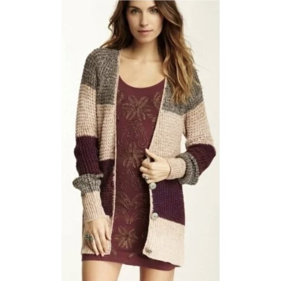 Free People Sweaters - FREE PEOPLE Lake Tahoe Color Block Striped Cardigan Loose Knit Pastel Purple XS